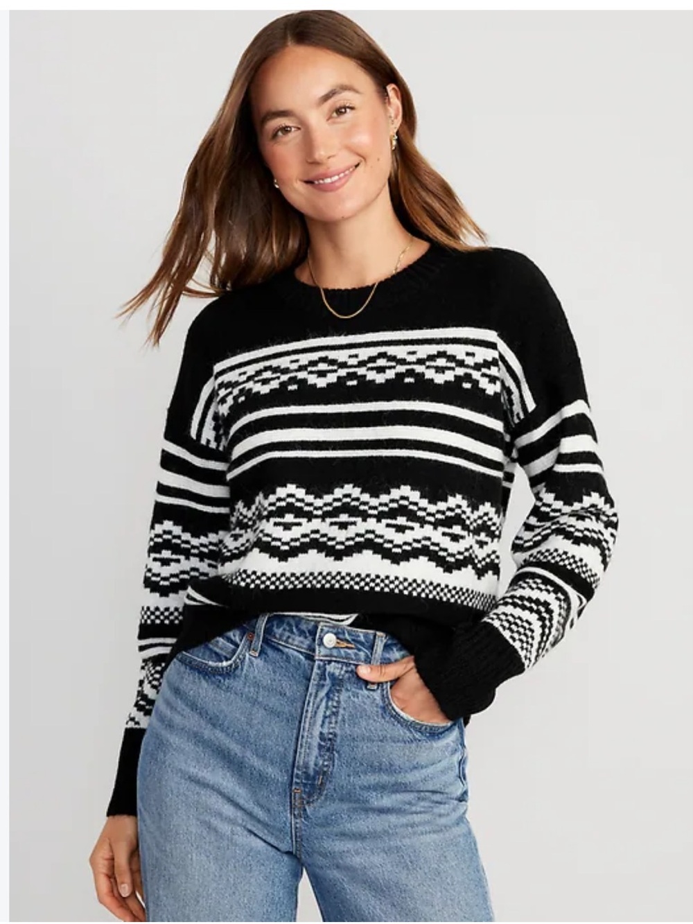 Old Navy Cozy Fair Isle Nordic Sweater Sz S black white Crew